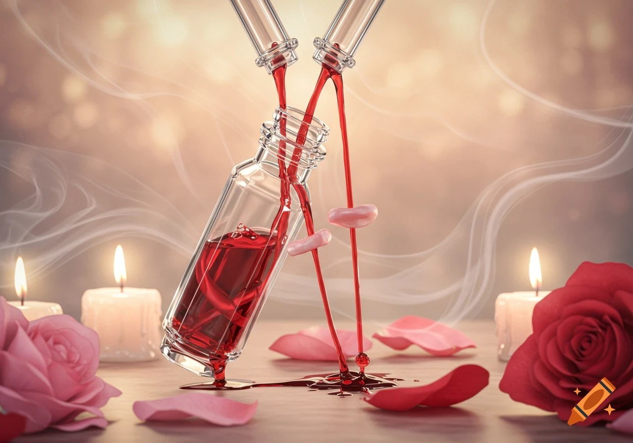 A clear vial tilting as red liquid pours into it from two tubes, surrounded by lit candles, rose petals, and a red rose, in a soft, romantic setting.
