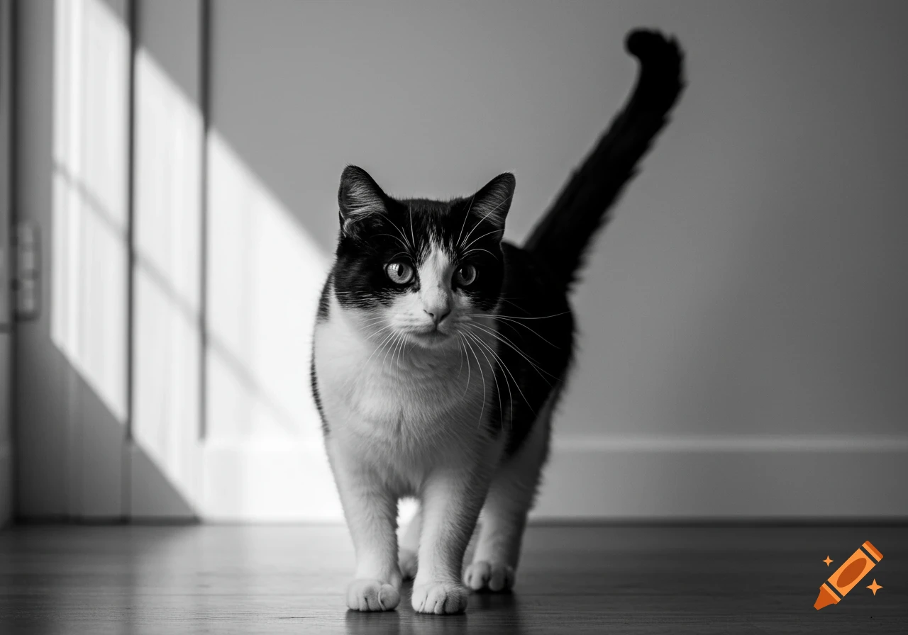 A black and white cat stands on a wooden floor, looking forward, with light streaming in from the left, creating shadows.