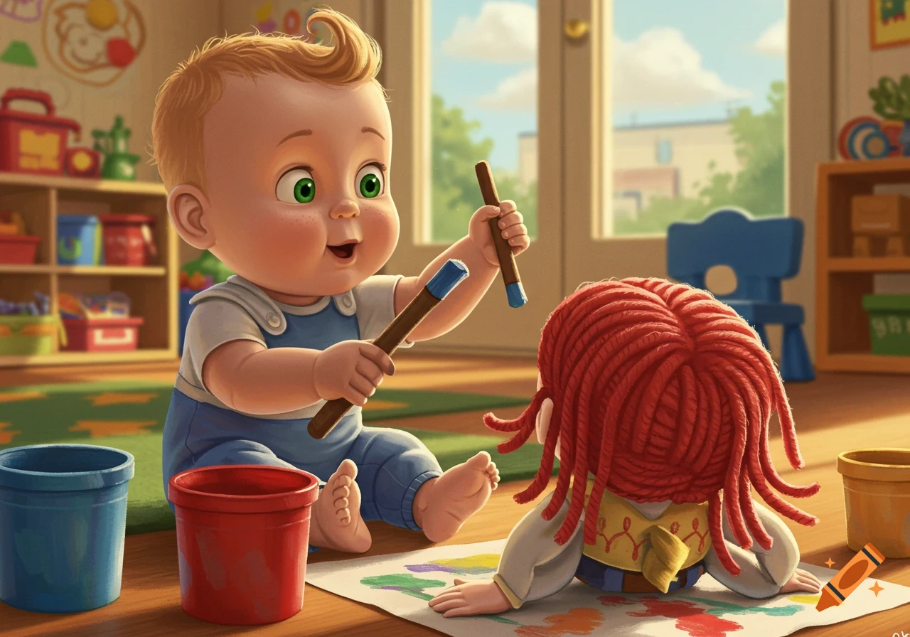 A chubby-faced baby with green eyes and red hair plays with a red-haired doll, painting with its yarn hair on a piece of paper in a bright playroom.
