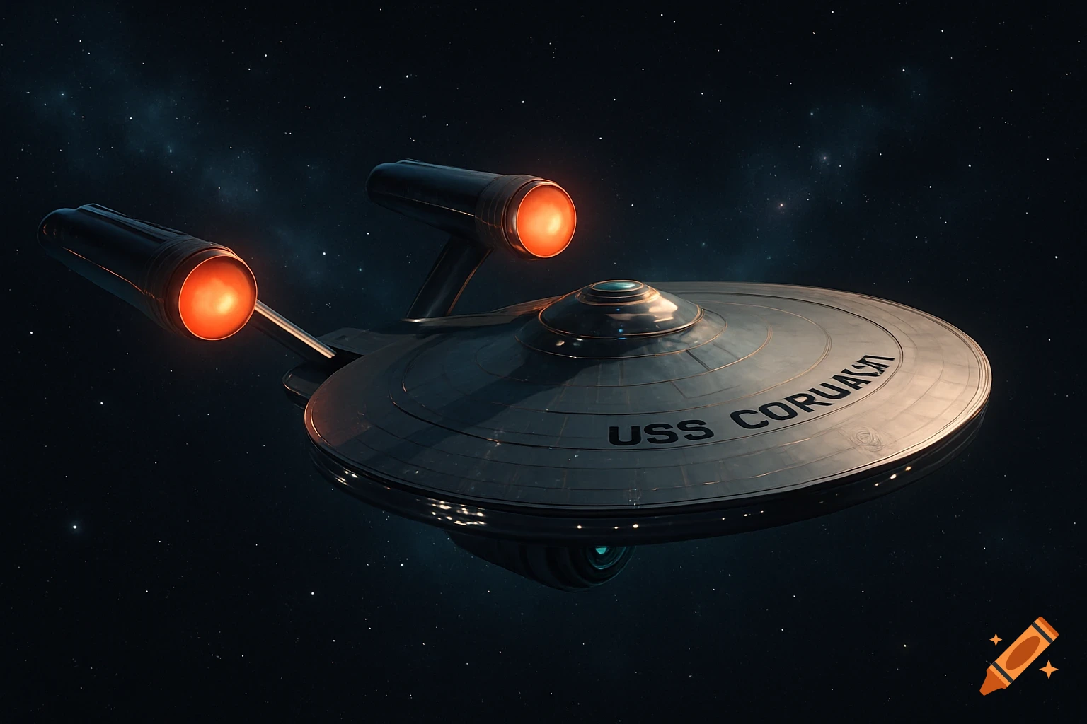 A photorealistic starship with a round saucer and glowing red nacelles flies through space, with 'USS CORUAAN' on its hull.