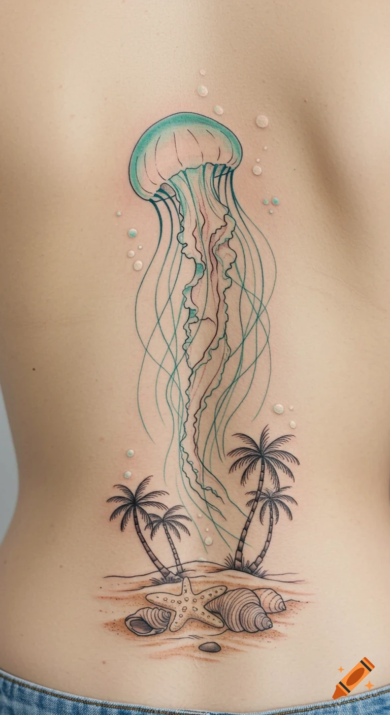 A colorful tattoo on a person's back depicting a jellyfish above palm trees  and seashells on a sandy beach. on Craiyon, image size:768x1408