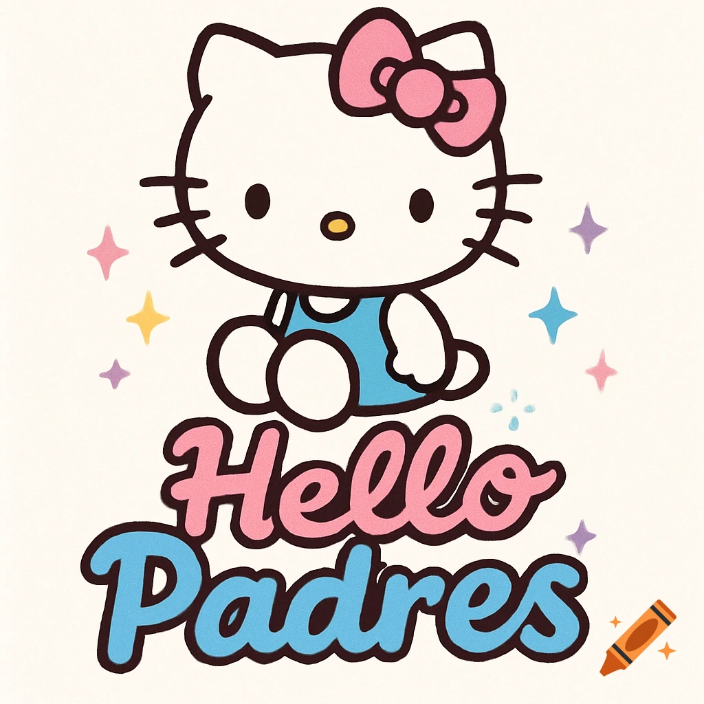 Hello Kitty in a blue dress sitting above pink and blue bubble text that reads 'Hello Padres', with colorful stars around.