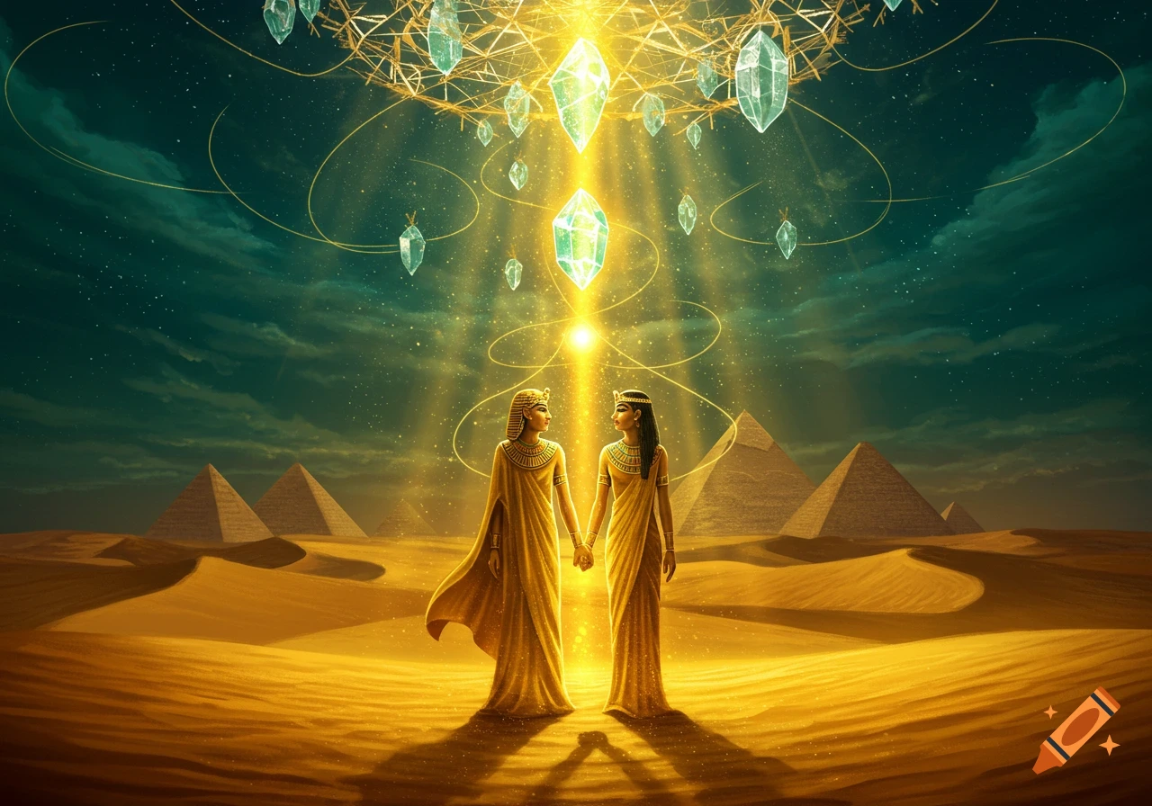 Two ancient Egyptian figures holding hands in a golden desert with pyramids, glowing crystals and light above.