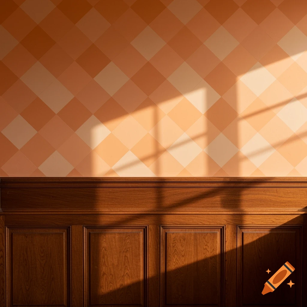 A wall with brown wooden paneling on the bottom and a light orange checkered pattern on the top, with sunlight casting shadows.