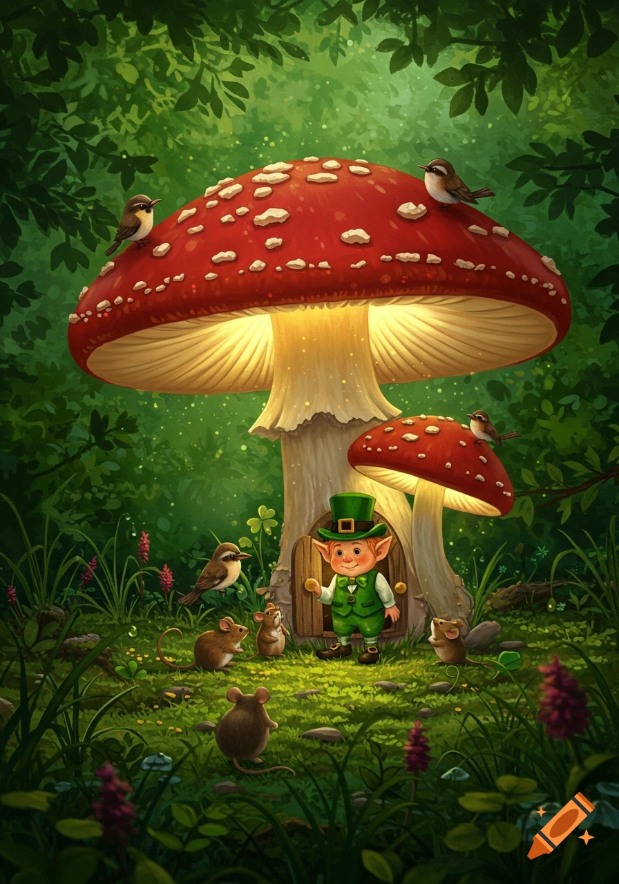 A whimsical illustration of a leprechaun standing outside a mushroom house in an enchanted forest, surrounded by mice and birds.