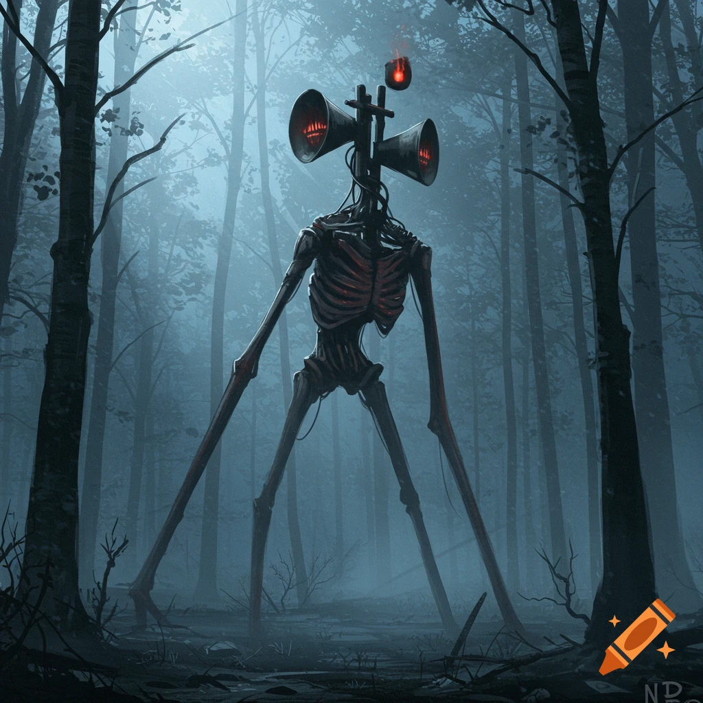 A tall, slender monster with a skeletal body and two large sirens for a head stands in a misty, dark forest. The sirens glow red.