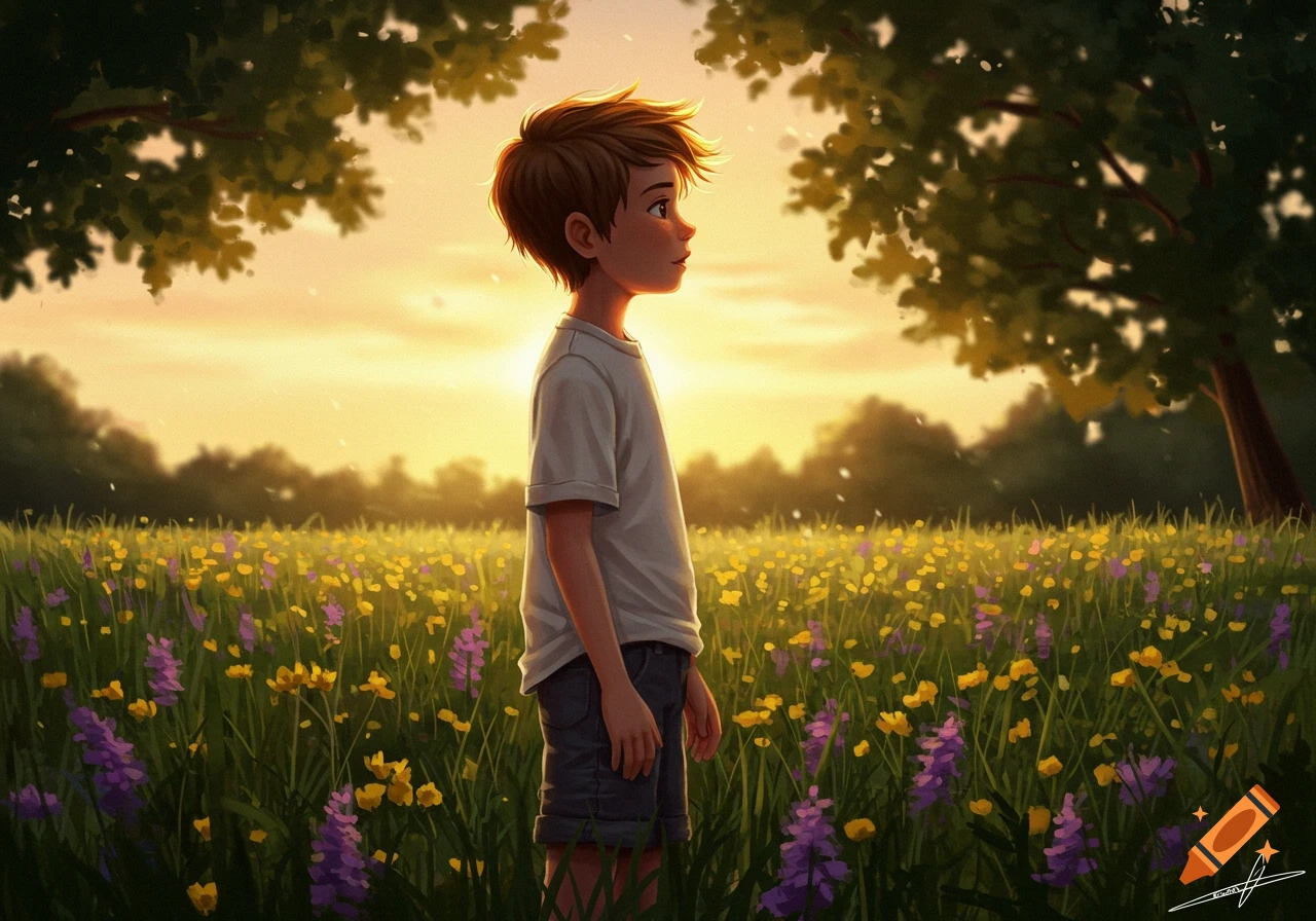 A young boy stands in a vibrant field of yellow and purple wildflowers at sunset, surrounded by trees in a stylized illustration.