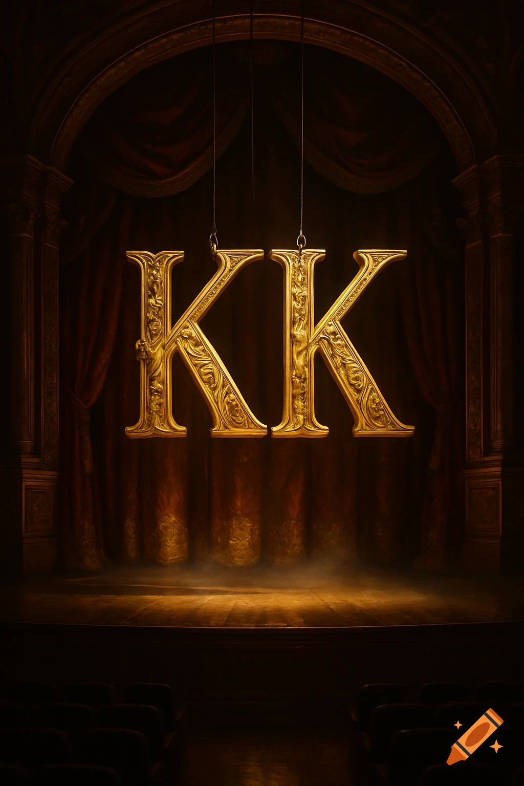 Two ornate golden letters 'KK' hanging on strings above a spotlighted wooden stage with dark red curtains in a theater.