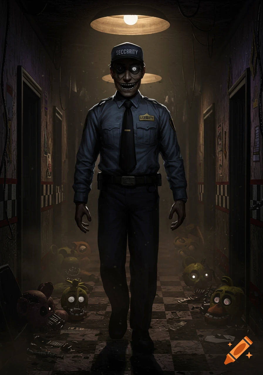 A terrifying man dressed as a security guard with a distorted, smiling face and glowing eye walks down a dark, cluttered hallway filled with broken animatronic parts.