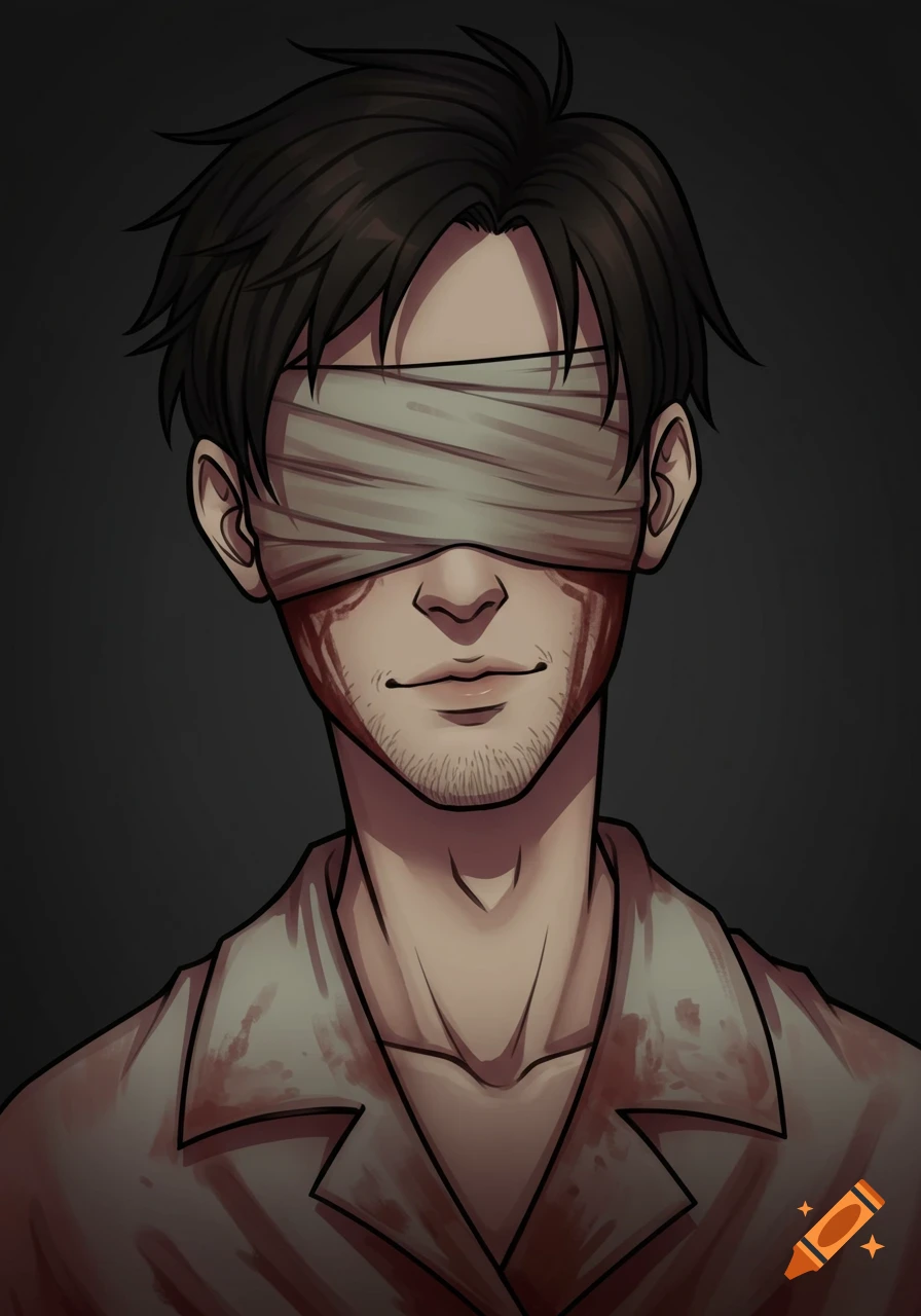 Cartoon portrait of a man with dark hair, blindfolded eyes, and blood on his face and shirt, against a dark background.