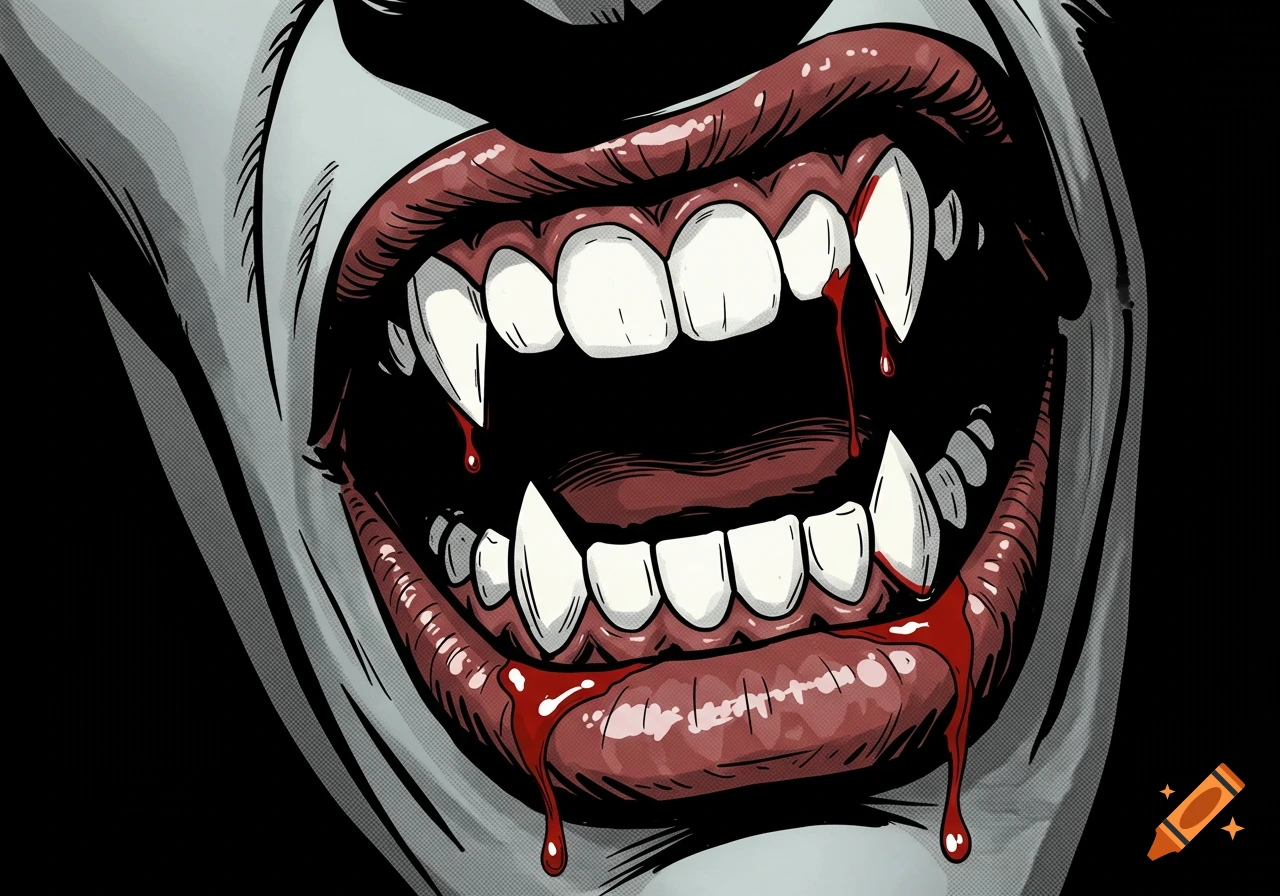 A comic book style close-up of a vampire's open mouth with sharp fangs, dripping red blood from the corners of its lips.