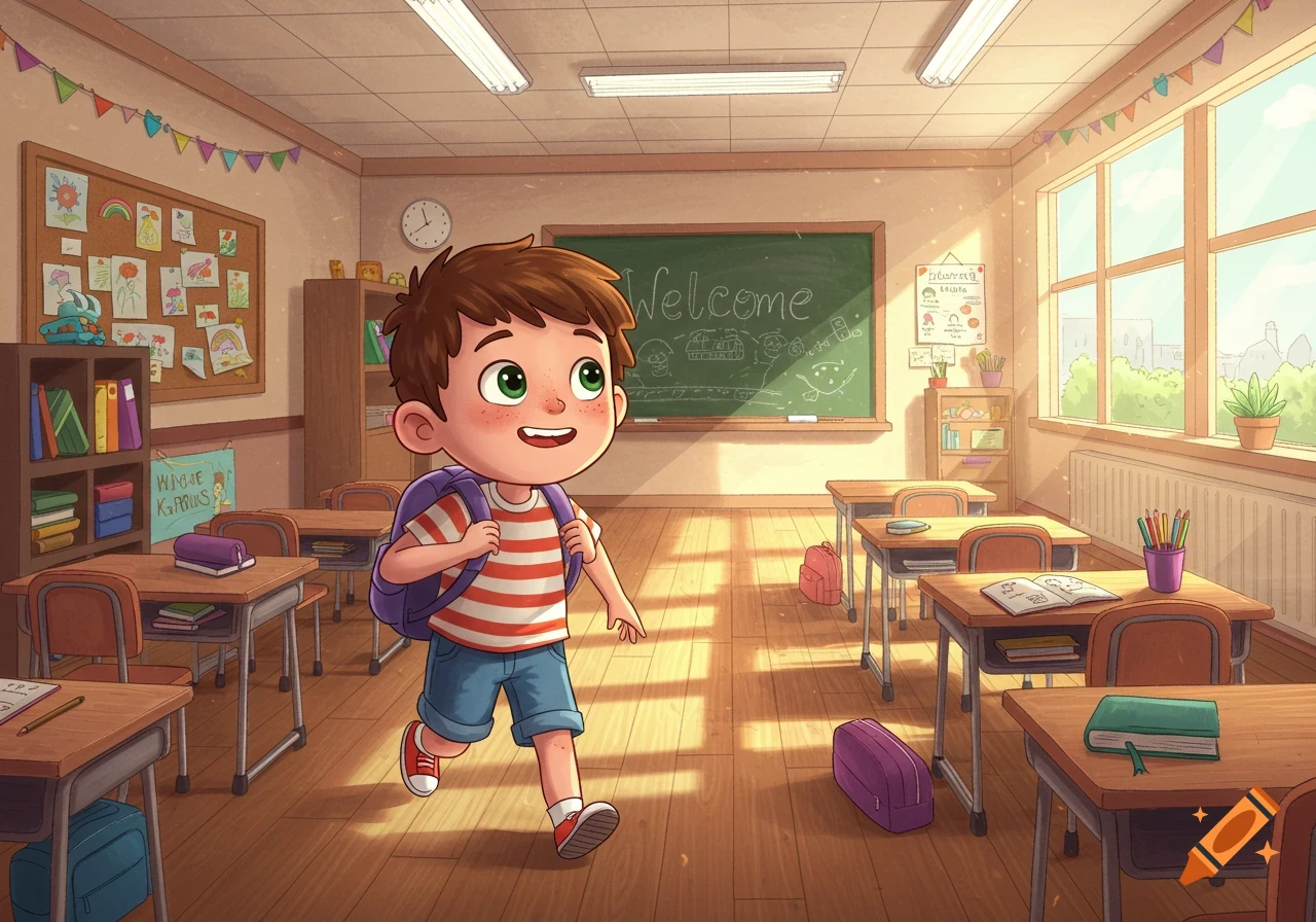 A smiling cartoon boy with a backpack walks into a sunny classroom filled with desks and a blackboard.