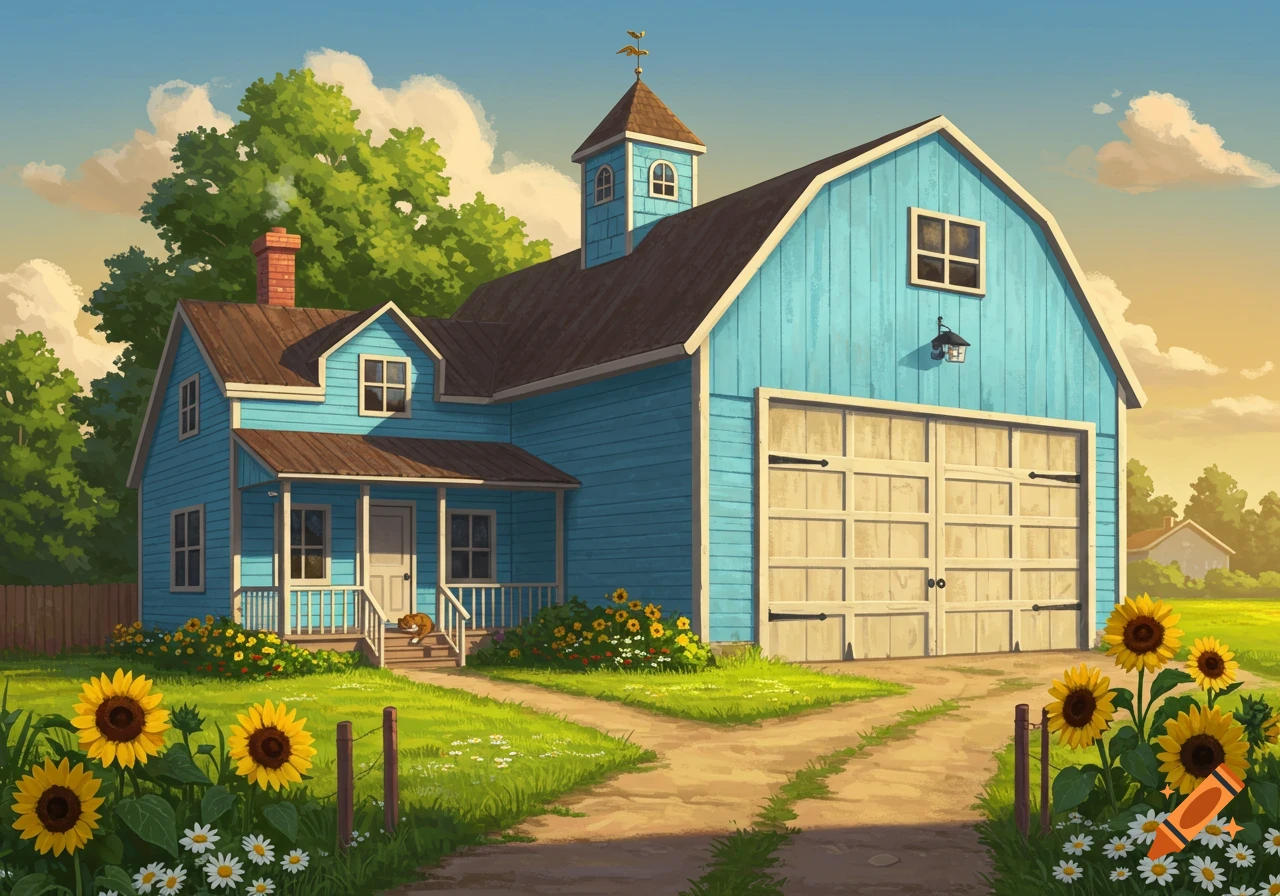 Vibrant illustration of a blue house with a huge matching garage, a green yard, sunflowers, and daisies under a sunny sky.