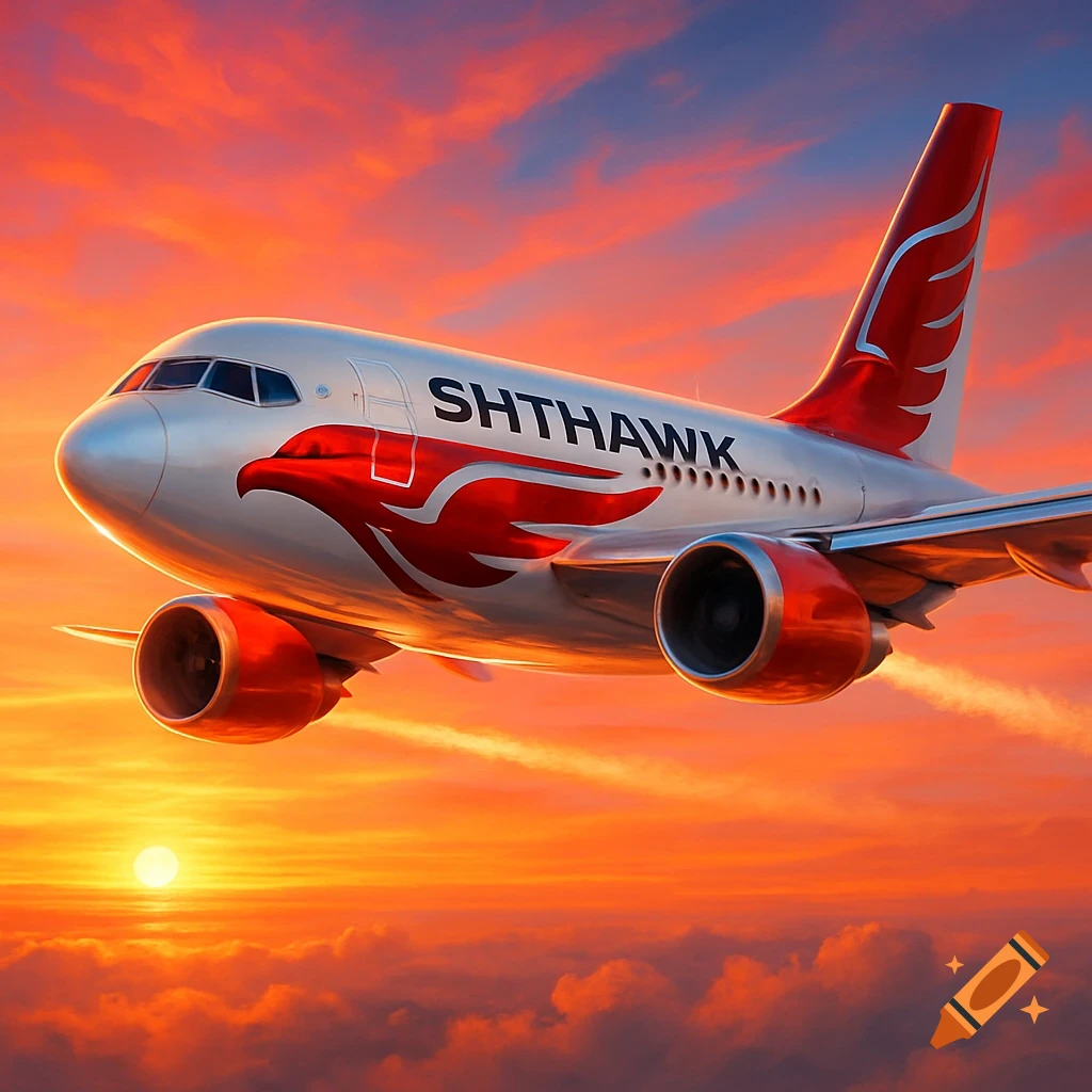 A photorealistic image of a white and red airplane with 'SHTHAWK' written on its side, flying through a vibrant orange and red sunset sky.