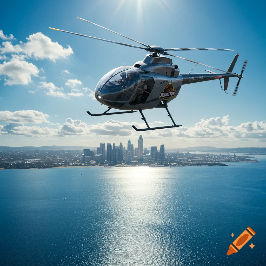 A Jurassic Park helicopter flies high over a bay with a city skyline in the background on a sunny day.