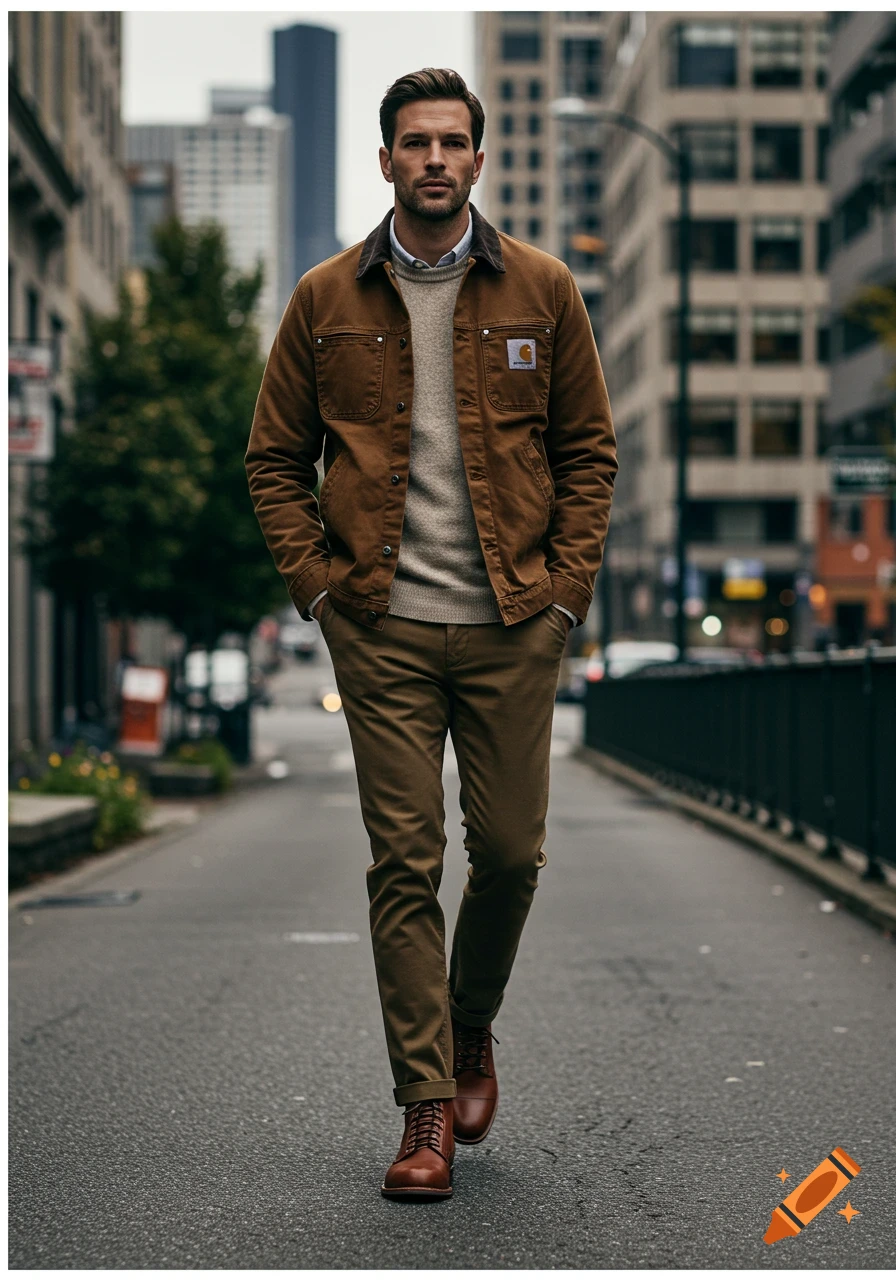 A stylish man in a brown Carhartt jacket, grey sweater, and brown pants walks down a city street.