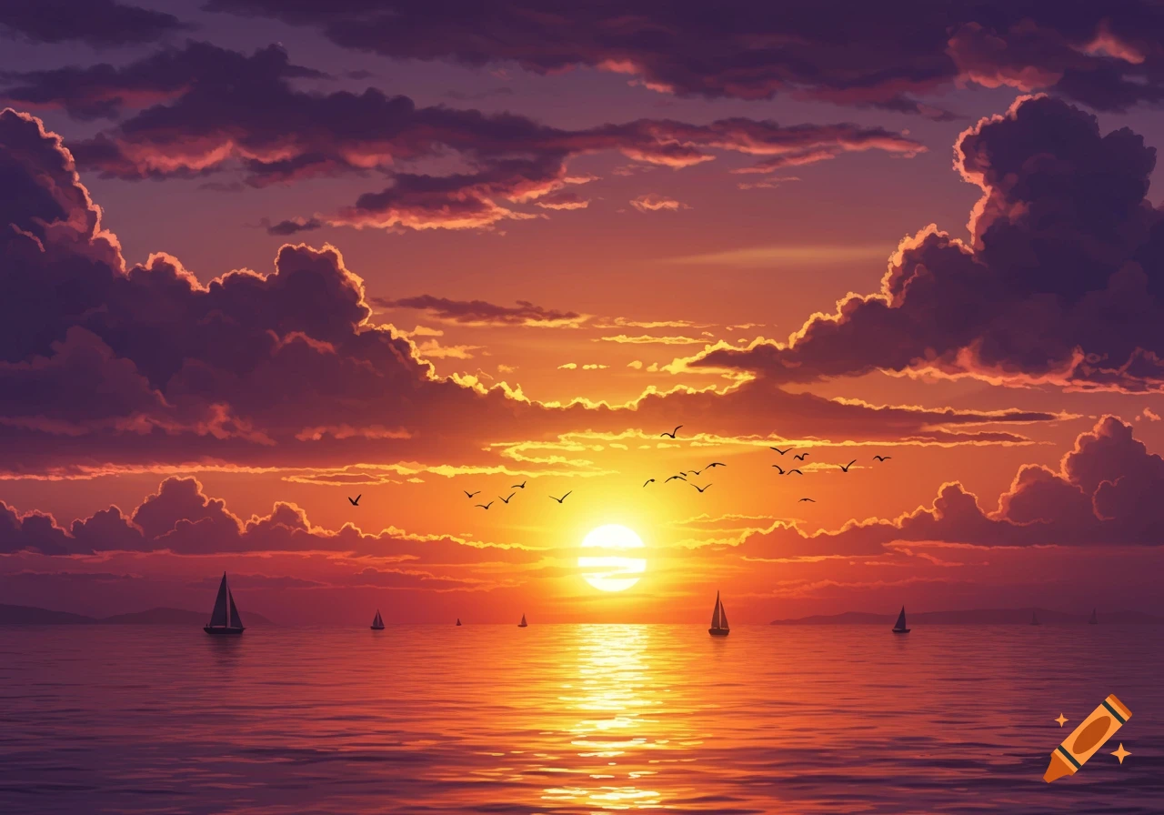 A vibrant digital painting of a sunset over a calm body of water, with sailboats silhouetted against the orange and purple sky.