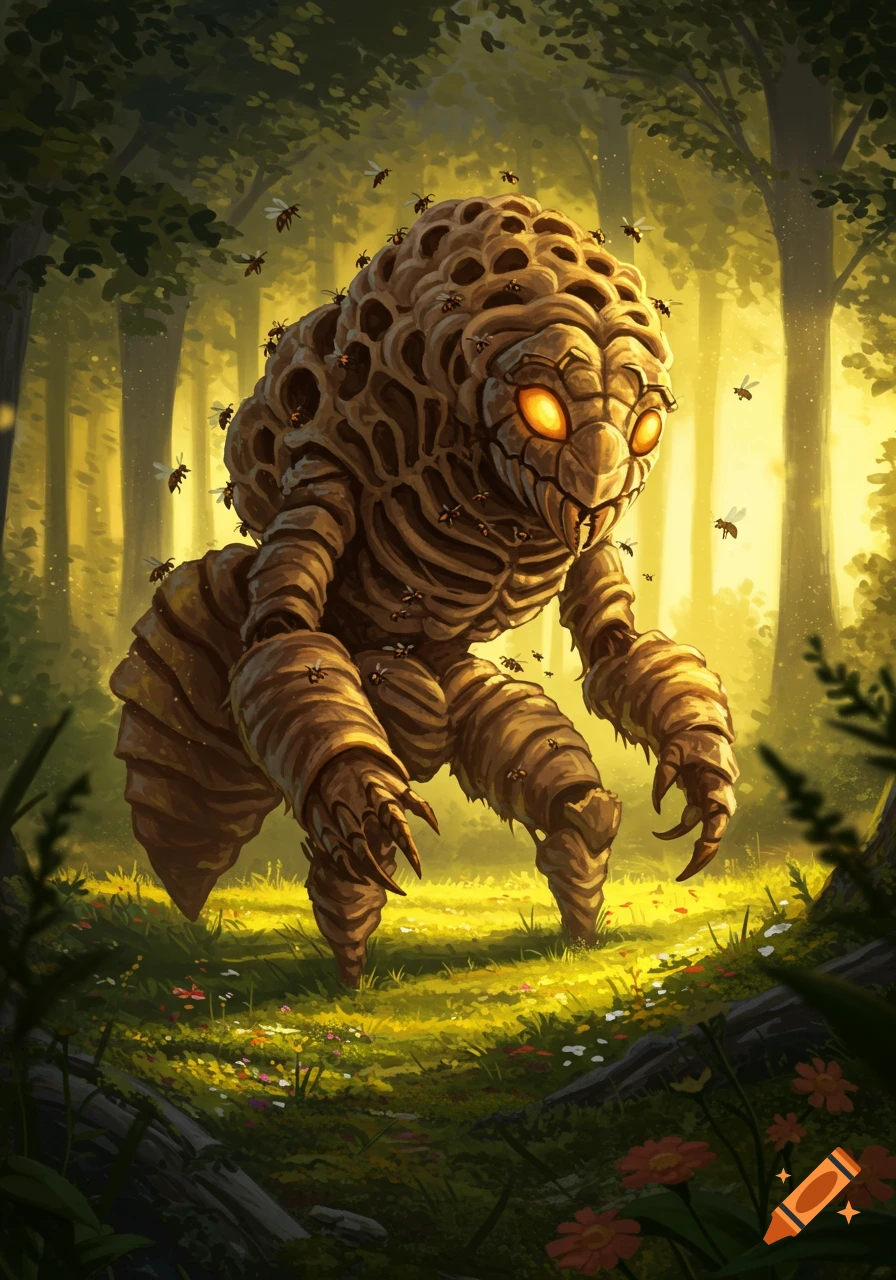 A large hornet nest golem with glowing orange eyes stands in a sunlit forest, surrounded by flying bees, in a digital painting style.