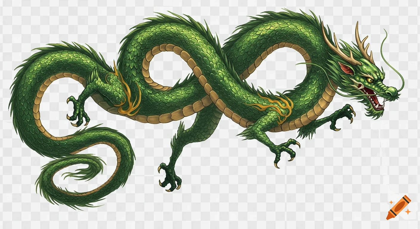 A vibrant green Chinese dragon with gold accents and intricate scales, stretched out in a winding pose.