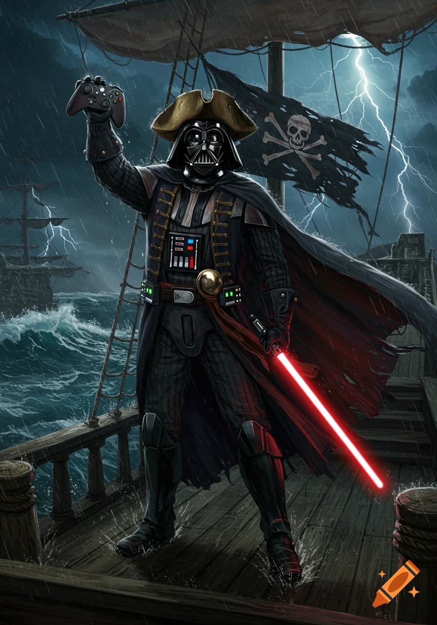 Darth Vader as a pirate captain on a stormy ship, holding an Xbox controller and a lightsaber.