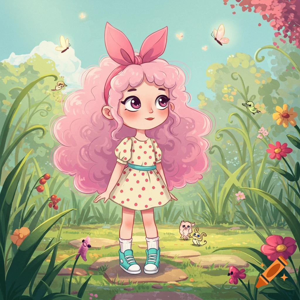 A cheerful cartoon girl with pink curly hair and a bow, wearing a polka dot dress, stands in a whimsical garden with butterflies and small creatures.