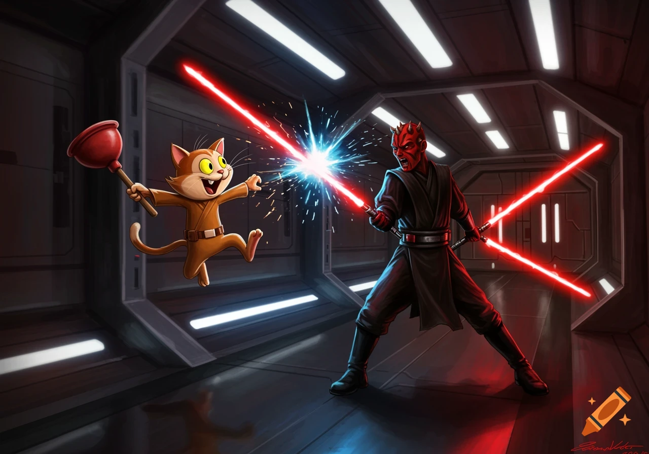 A cartoon cat with a plunger battles Darth Maul with lightsabers in a sci-fi corridor.