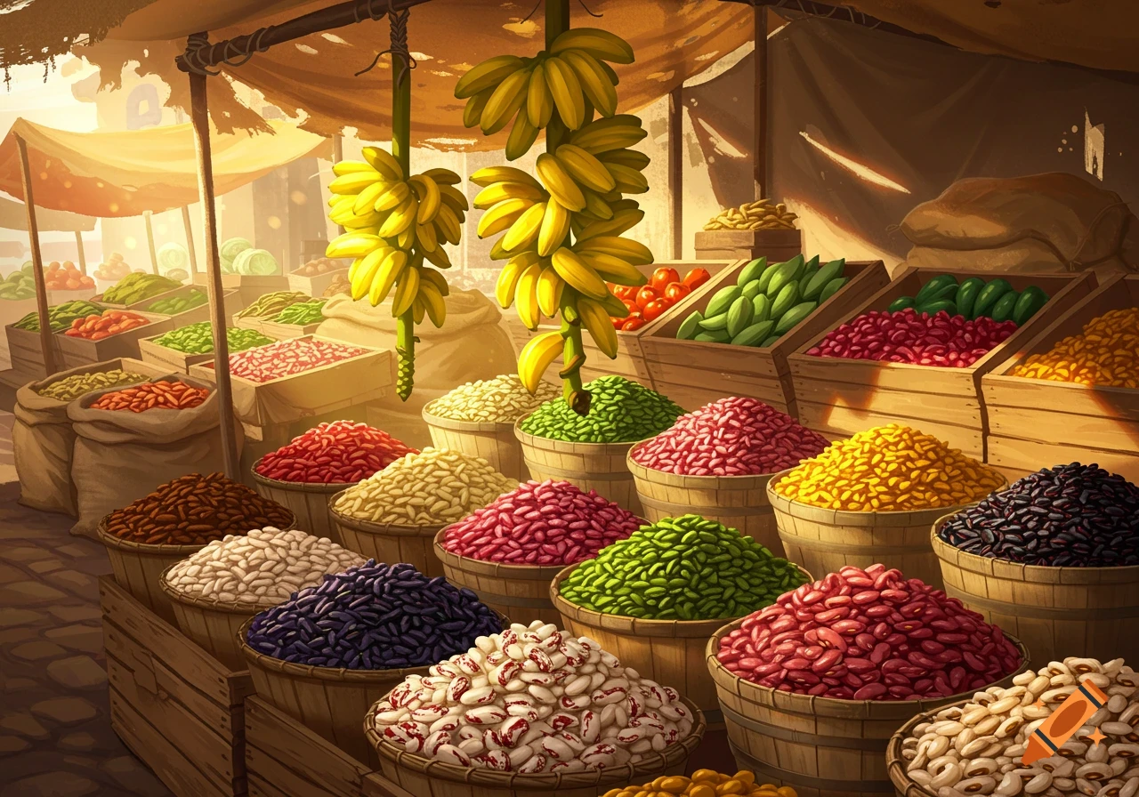 A bustling market stall filled with various colorful beans, peas, and tomatoes in wooden barrels and crates, with bananas hanging overhead.
