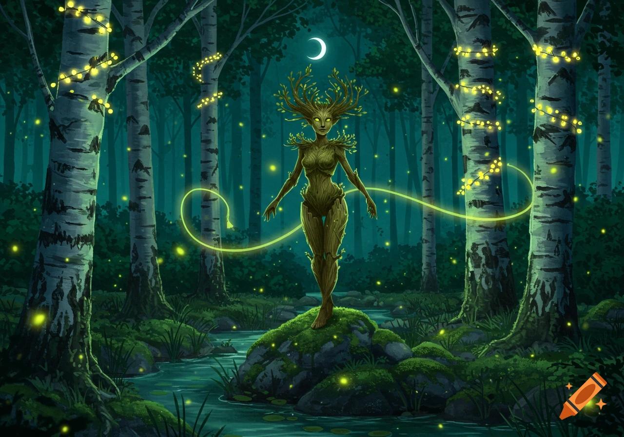 A dryad made of wood and branches stands on a mossy rock in a magical forest at night with glowing lights, fireflies, and a crescent moon.