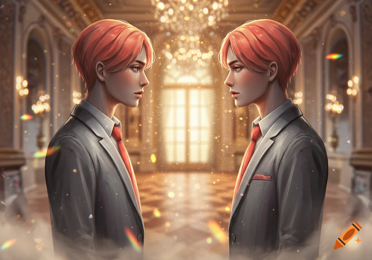Two anime-style characters with peach hair and suits facing each other in a grand, sparkling hall.