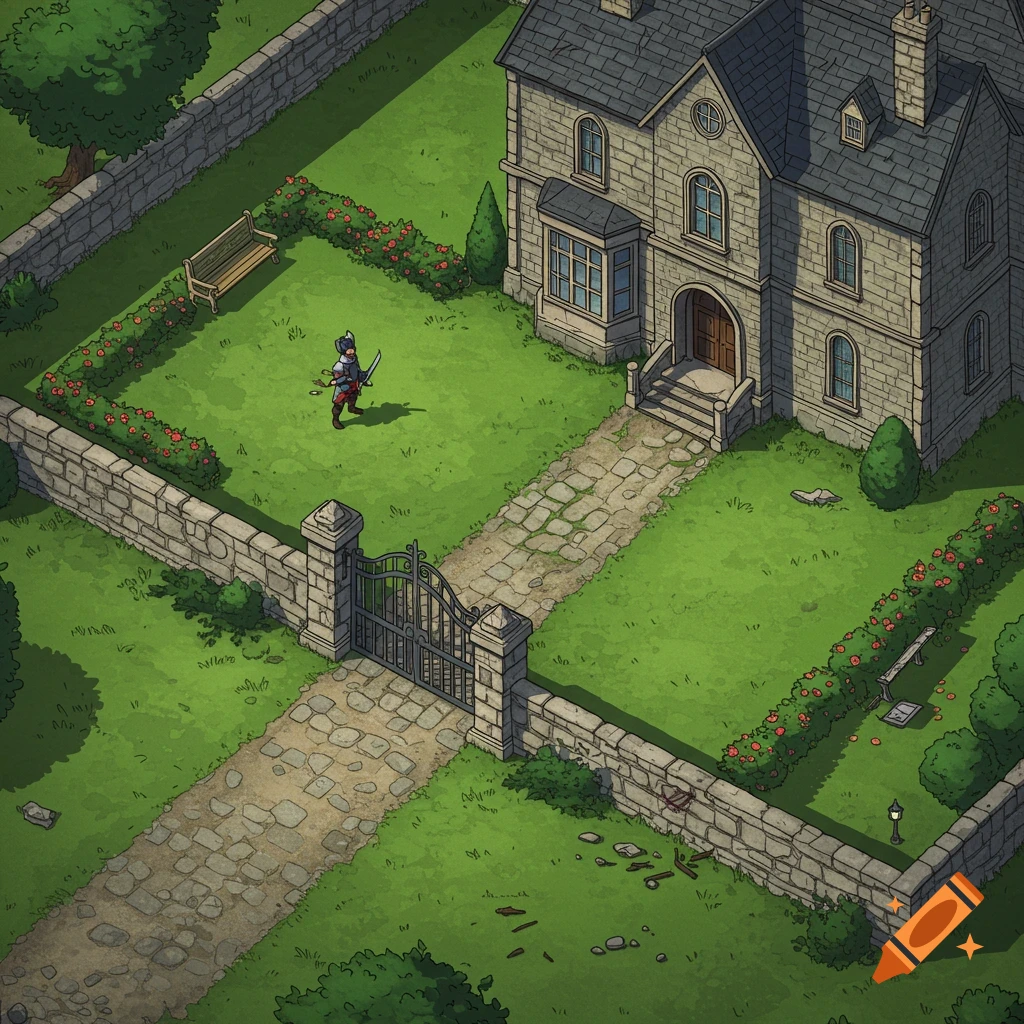 Top-down fantasy battlemap of a stone manor with a cobblestone path, green lawn, stone wall, and a knight with a sword.