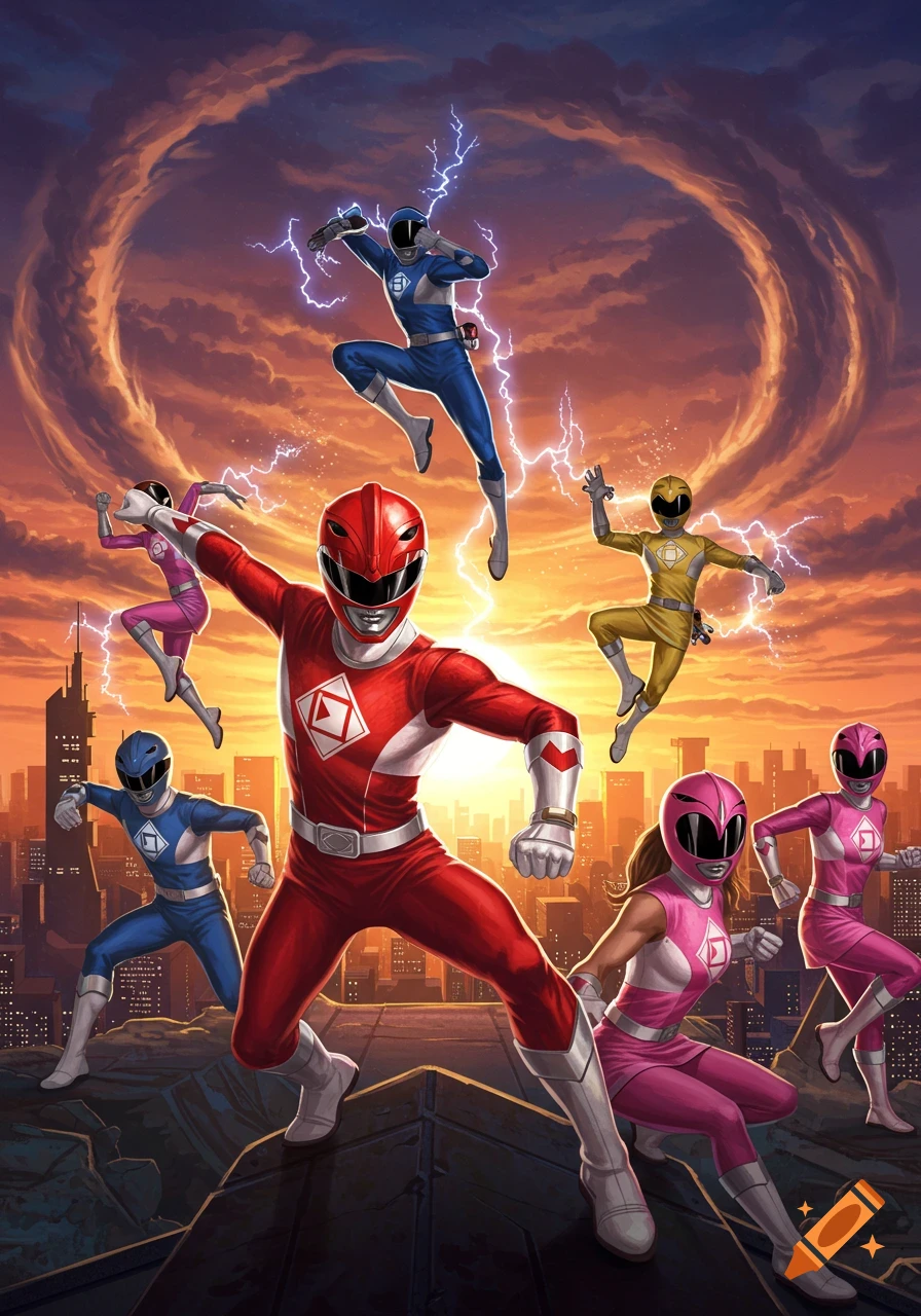 Seven Power Rangers in action poses over a cityscape at sunset, with lightning effects.
