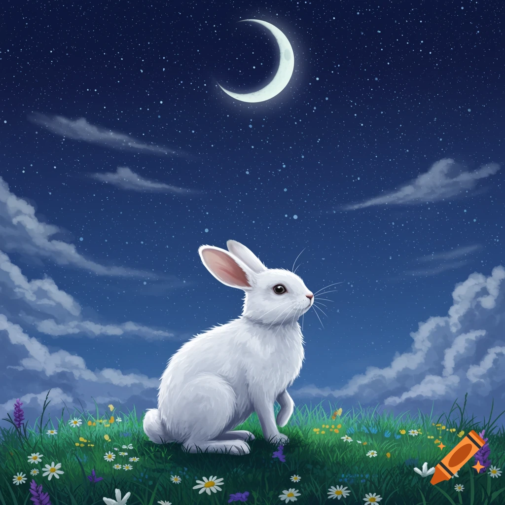 A white rabbit sits in a field of wildflowers under a starry night sky with a crescent moon.