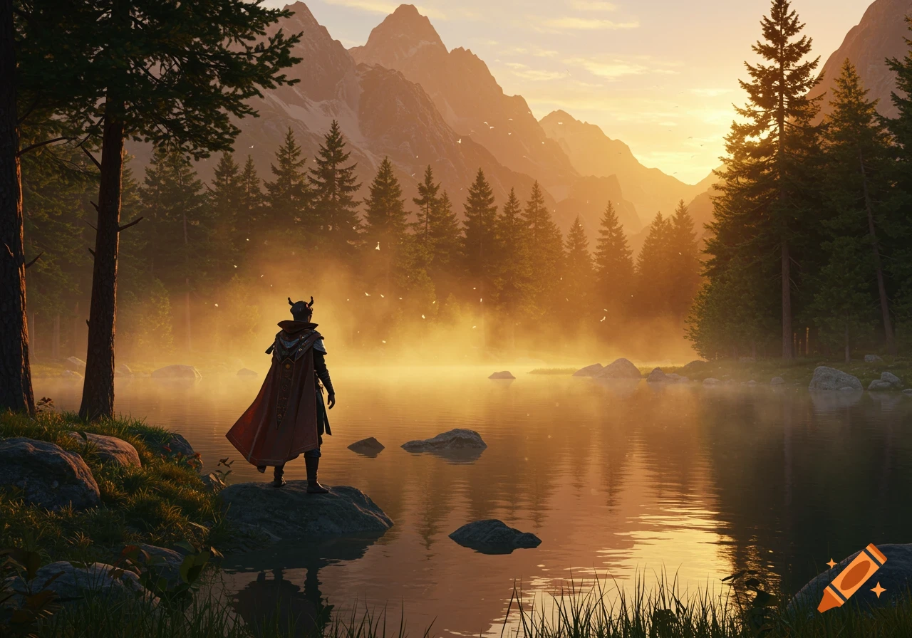 A horned character in a cape stands on a rock in a misty lake at sunrise, surrounded by a forest and mountains.