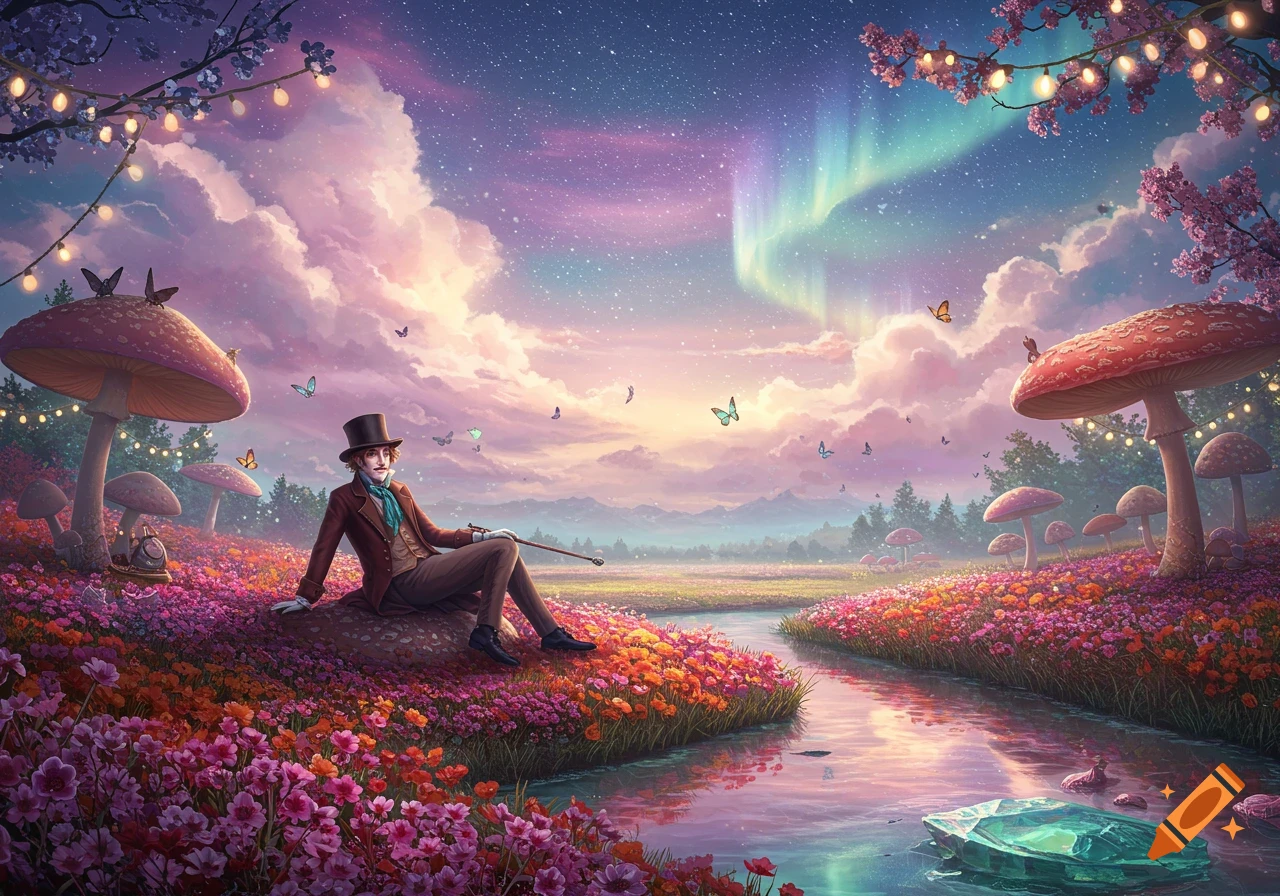 A whimsical fantasy landscape featuring a man in a top hat sitting on a flower-covered hill next to giant mushrooms, under a starry sky with aurora borealis.