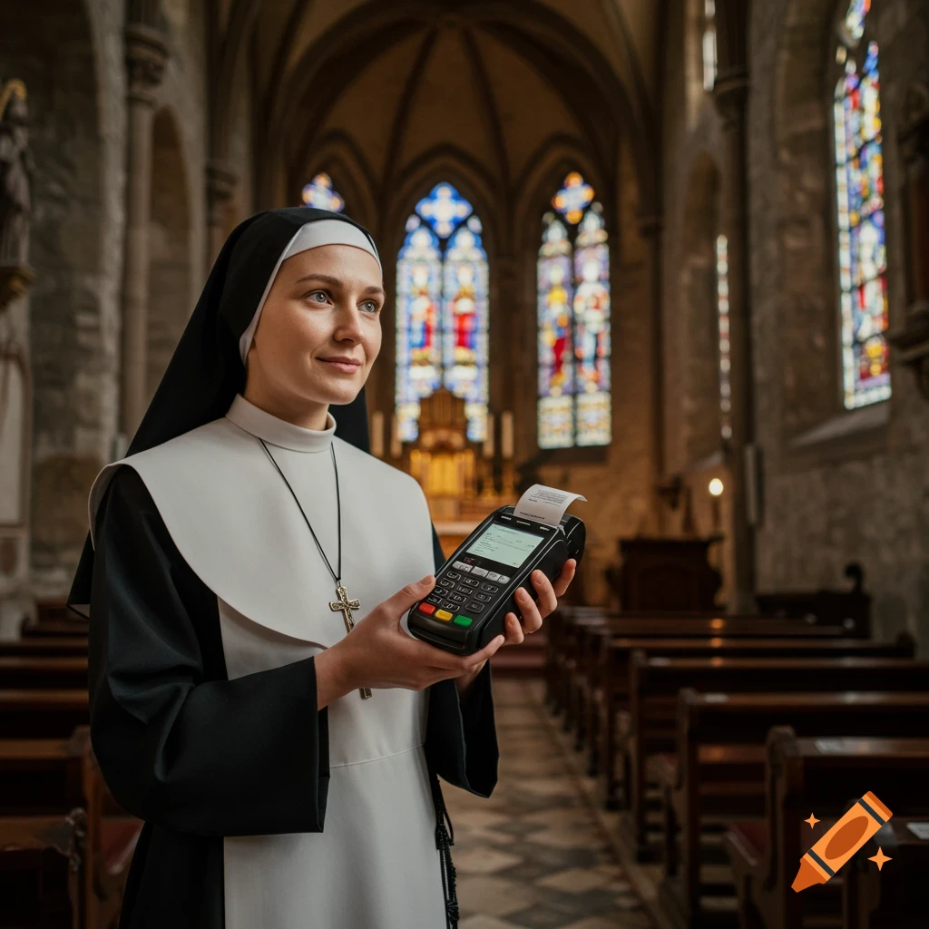 A nun stands in a church holding a payment terminal, looking slightly to the right.