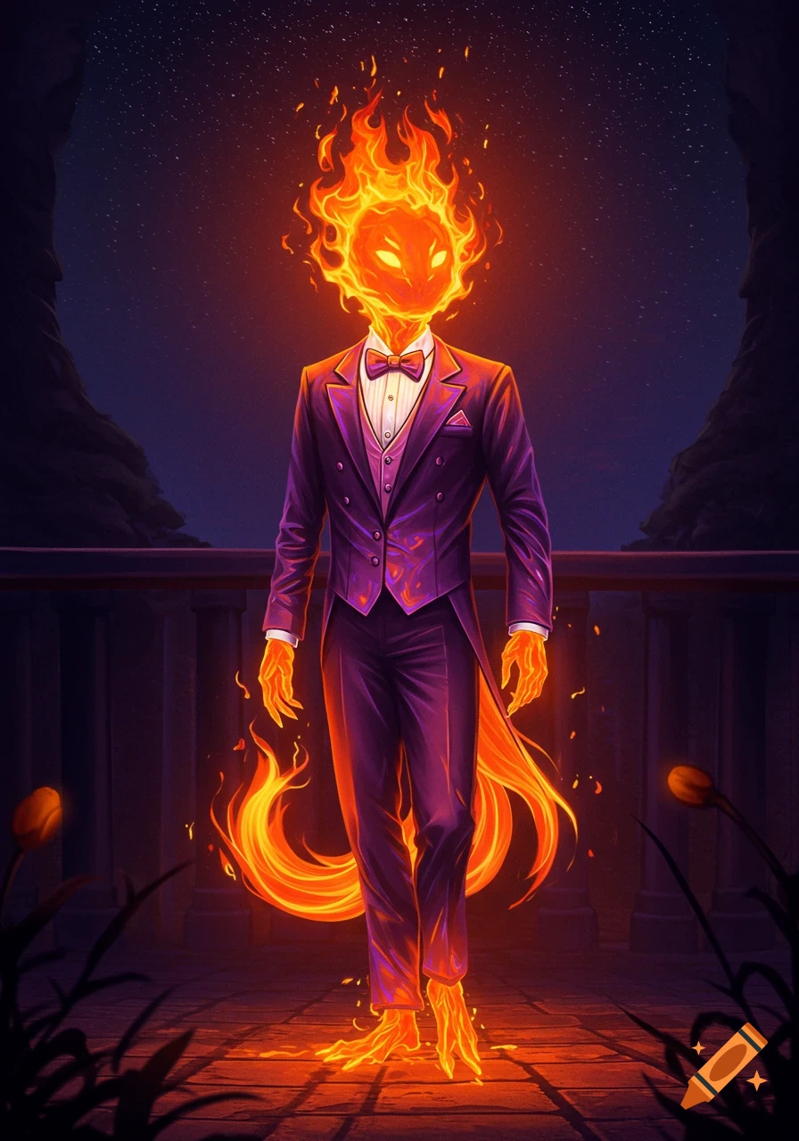 A humanoid figure made of orange and purple flames, wearing a stylish tuxedo, stands on a patio under a starry night.