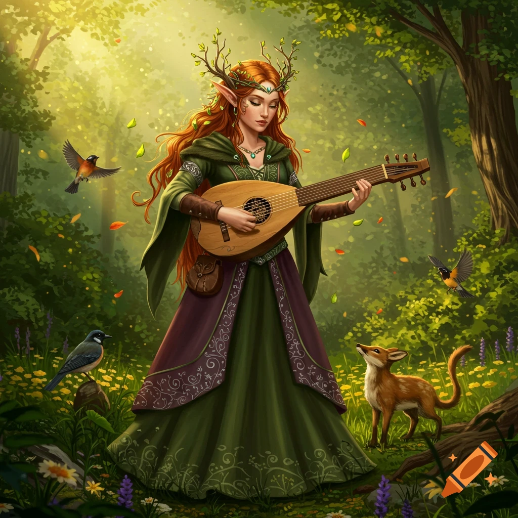 A red-haired elf woman with antlers and long ears plays a lute in a vibrant, sunlit forest, surrounded by birds and a fox in a painterly style.