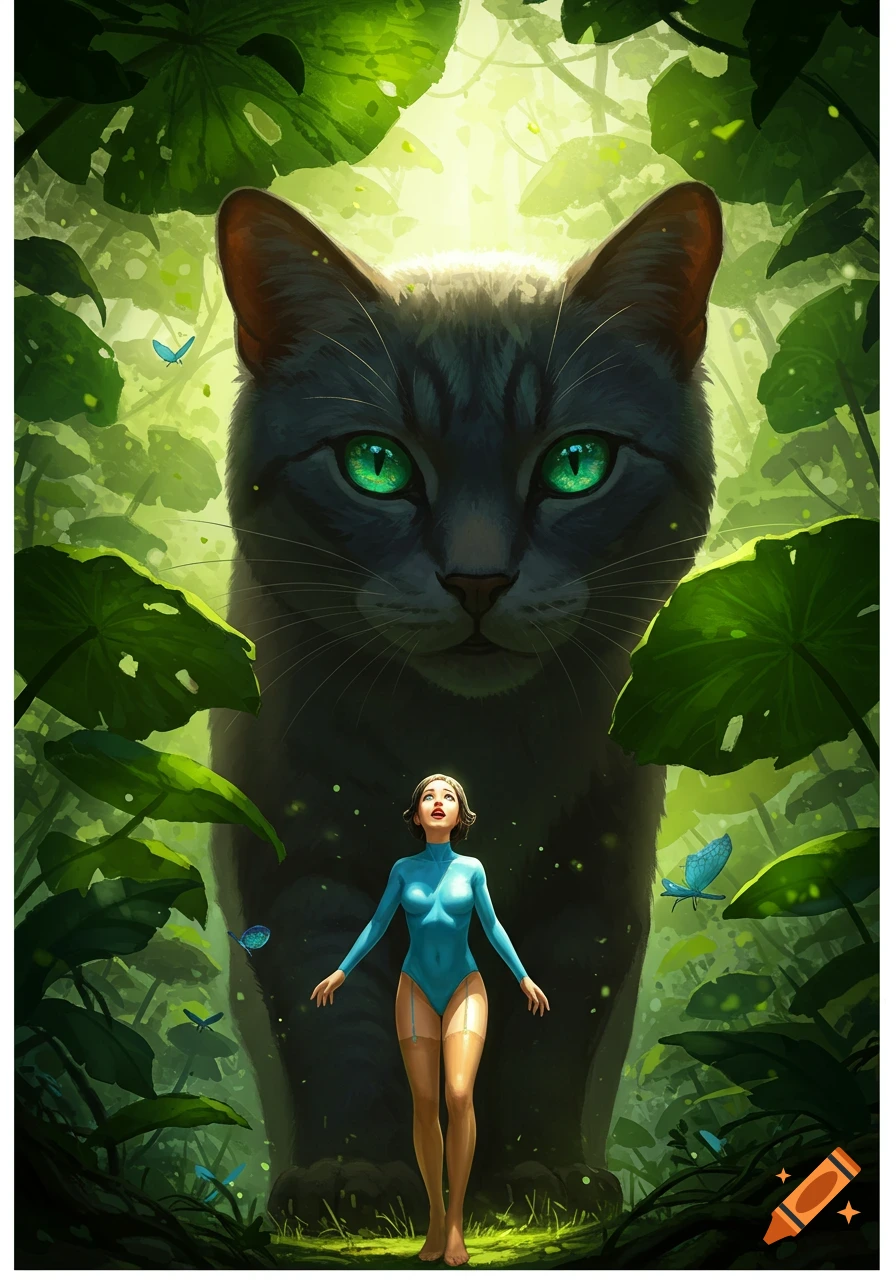 A tiny woman in a blue leotard looks up at a giant grey cat with green eyes in a lush green jungle.