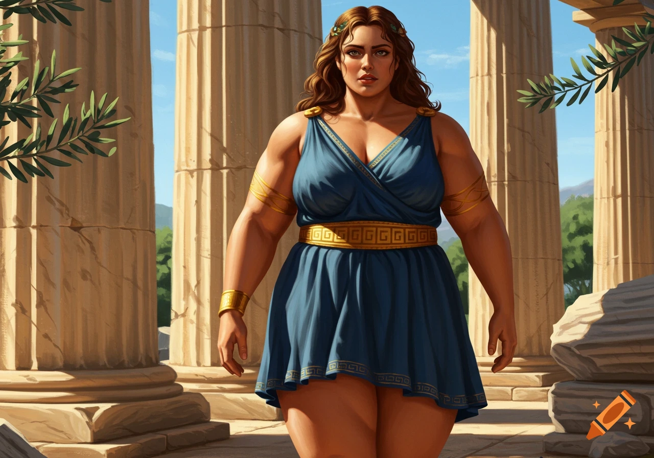A strong Greek woman in a blue dress with gold trim stands between large stone columns.