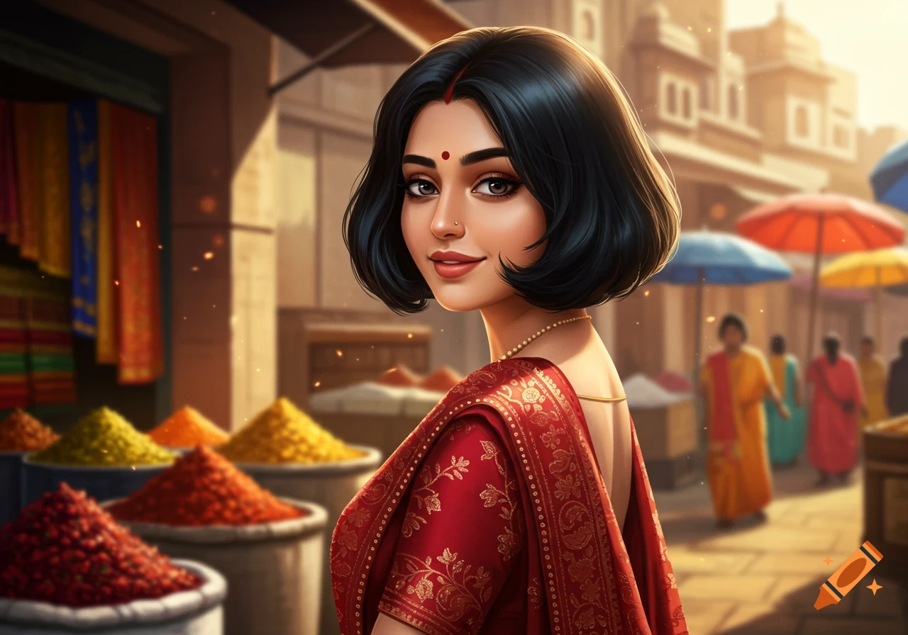Stylized portrait of a young Indian woman in a red sari, smiling in a vibrant market with spice piles.