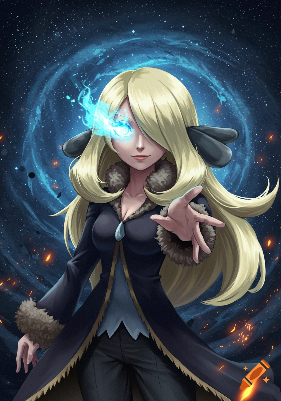 Cynthia from Pok emon with glowing blue eye and blonde hair, extending a hand against a cosmic blue and orange background.