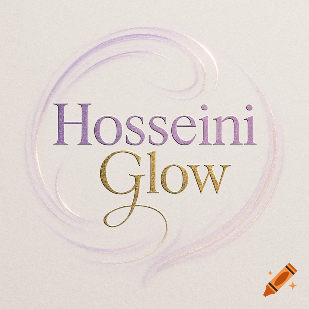 An elegant logo with "Hosseini Glow" in purple and gold text, surrounded by subtle lilac and gold swirling lines on a cream background.