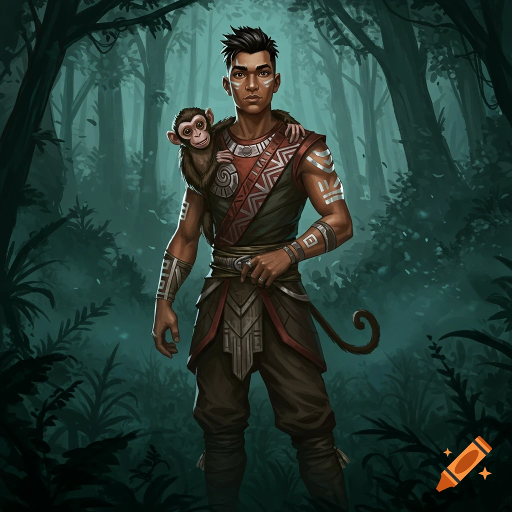 A young man with dark skin and tribal markings stands in a dark jungle with a small monkey on his shoulder. Fantasy art style.