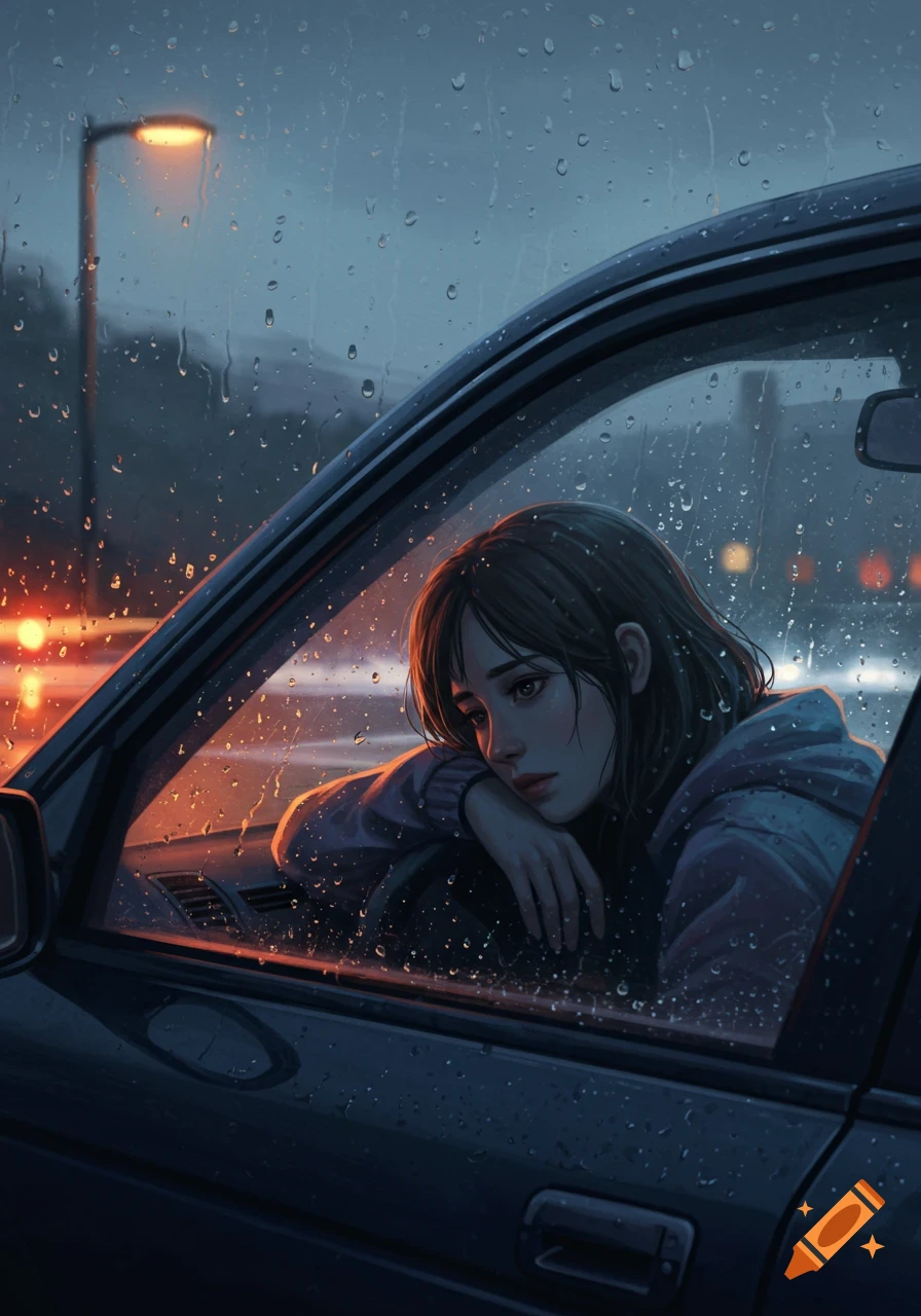 Digital illustration of a melancholic young woman looking out a rainy car window at city lights during the evening.