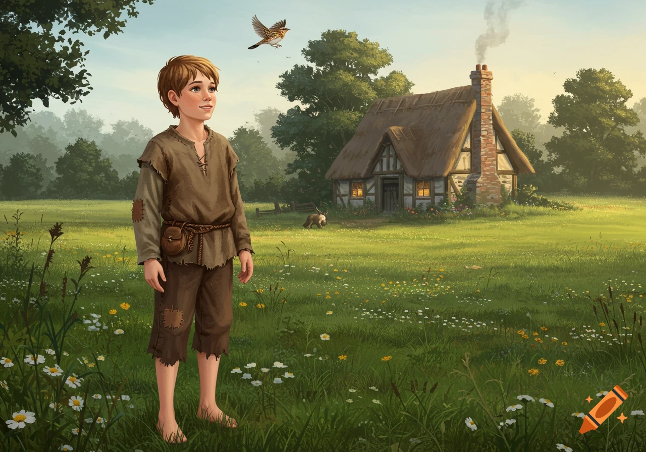 A young barefoot boy in peasant clothes looks up at a bird over a green meadow with a thatched-roof cottage.