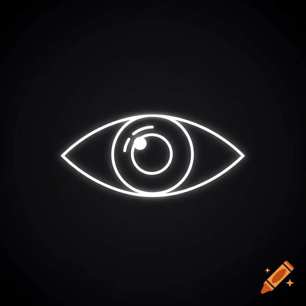 Minimalist white line art icon of an eye with a soft neon glow on a dark background.