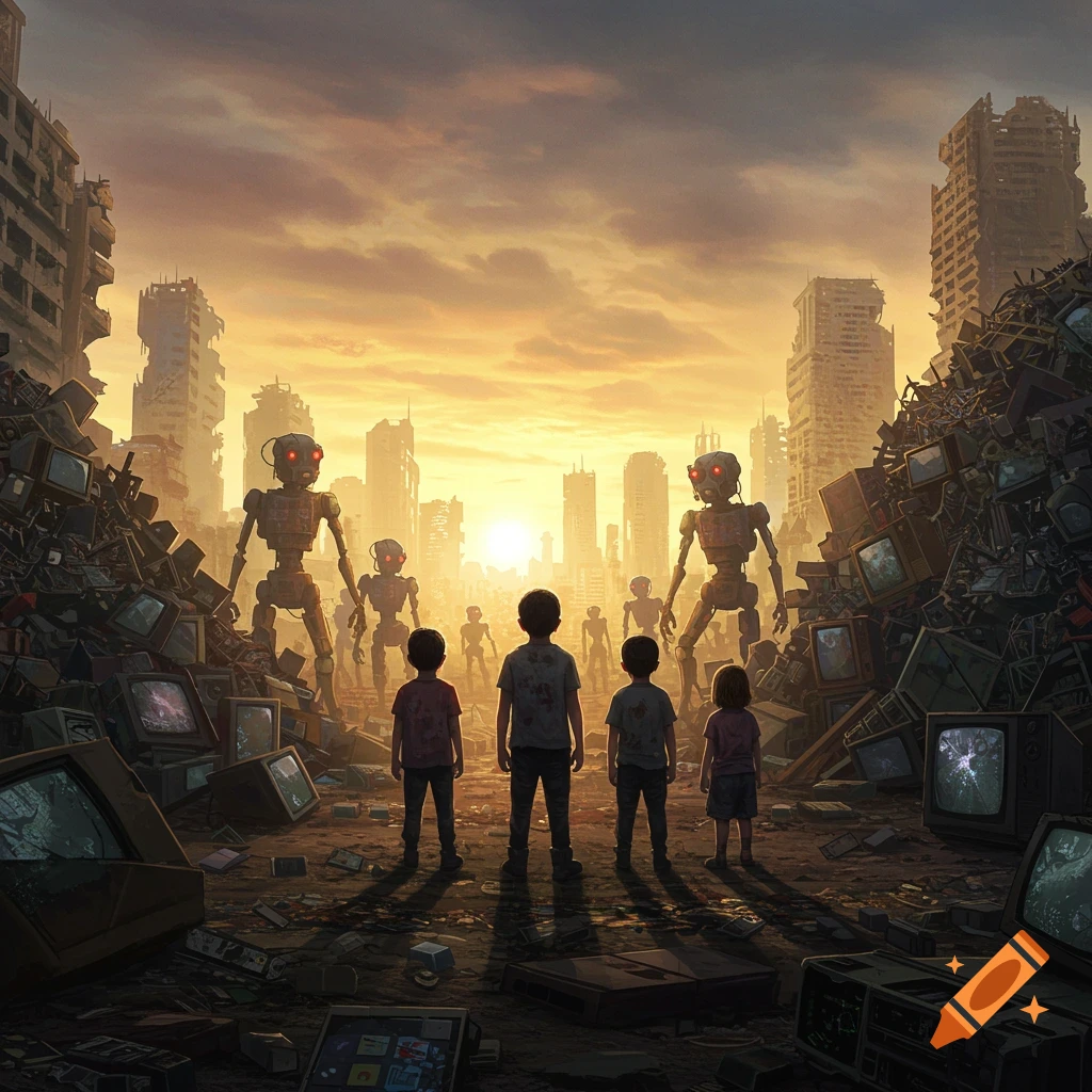 Children stand amidst a ruined city and a junkyard of old TVs, facing a distant army of robots under a dramatic sunset.