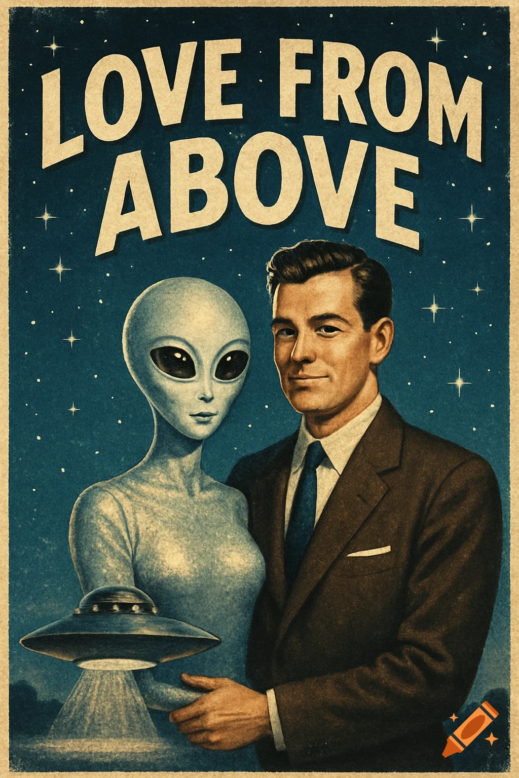 A vintage 1950s sci-fi movie poster titled "LOVE FROM ABOVE," showing a man and an alien with a flying saucer.