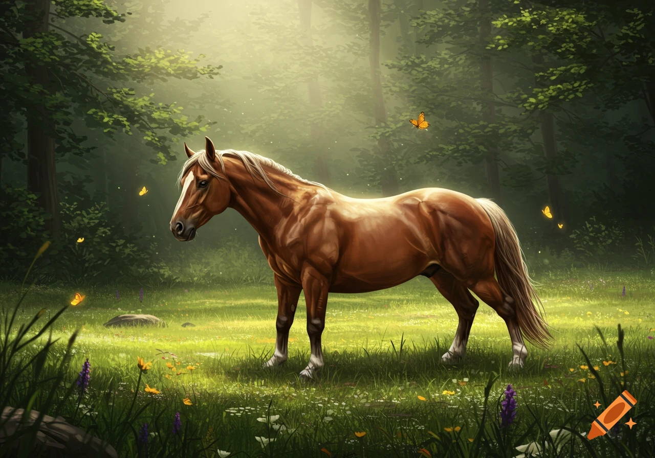 A brown horse with a white blaze stands in a sunlit forest clearing, surrounded by green grass, flowers, and butterflies.