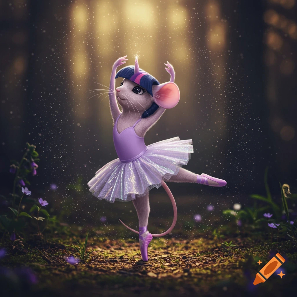 A mouse dressed as a ballerina, with purple hair and a horn, dancing in a magical forest with glowing particles.